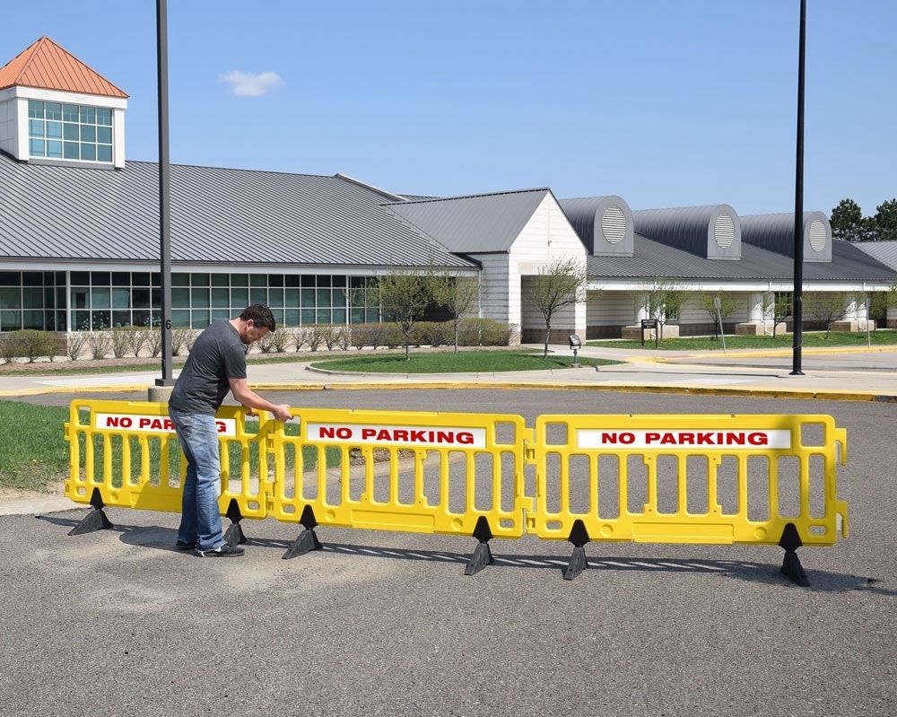 Interlocking Portable Lightweight Plastic Barricades - Yellow with signs